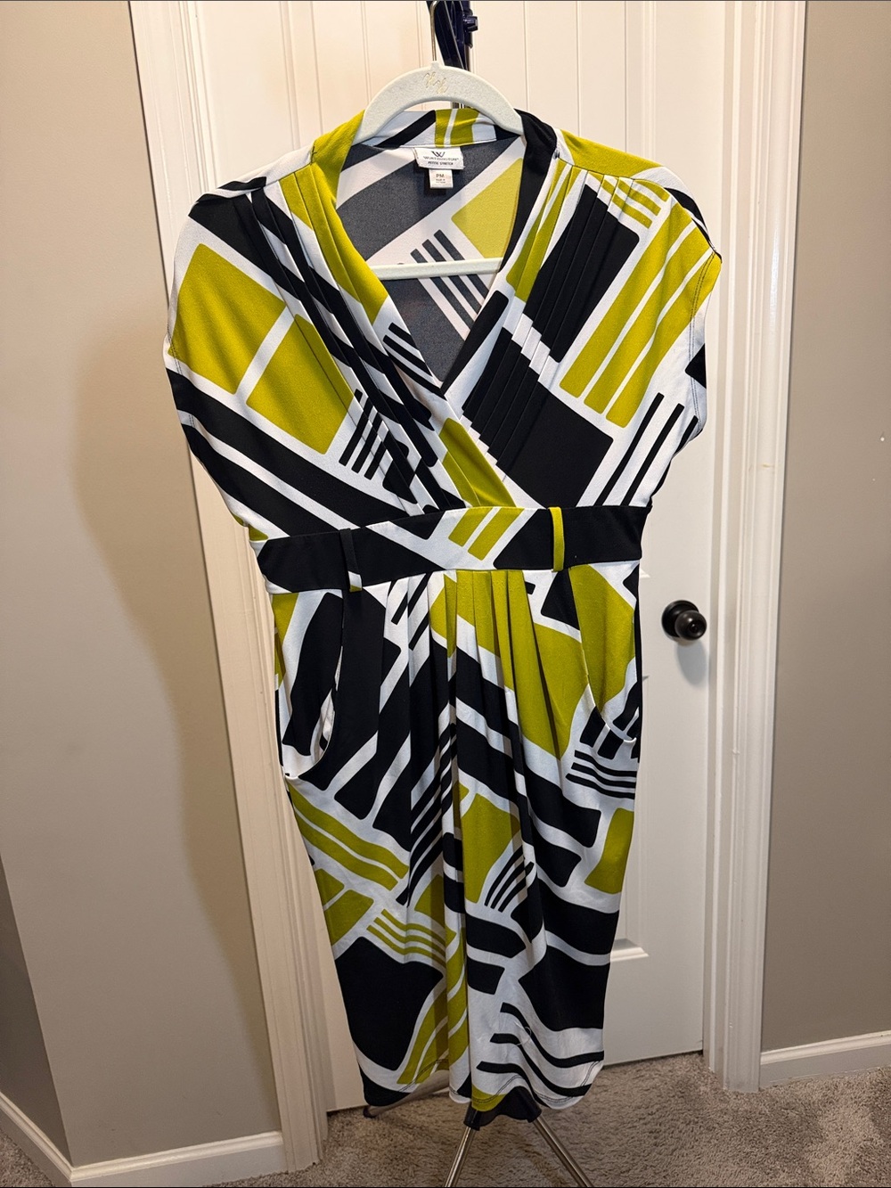 Worthington Olive Green Black White Geometric Faux-Wrap Midi Dress
